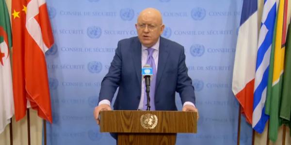 Постоянный представитель РФ в ООН Василий Небензя ложно обвинил Украину в нарушении «энергетического перемирия» (Фото: Скриншот видео / United Nations)